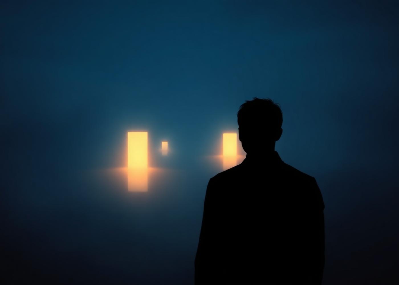 A silhouette facing two glowing doors in soft mist